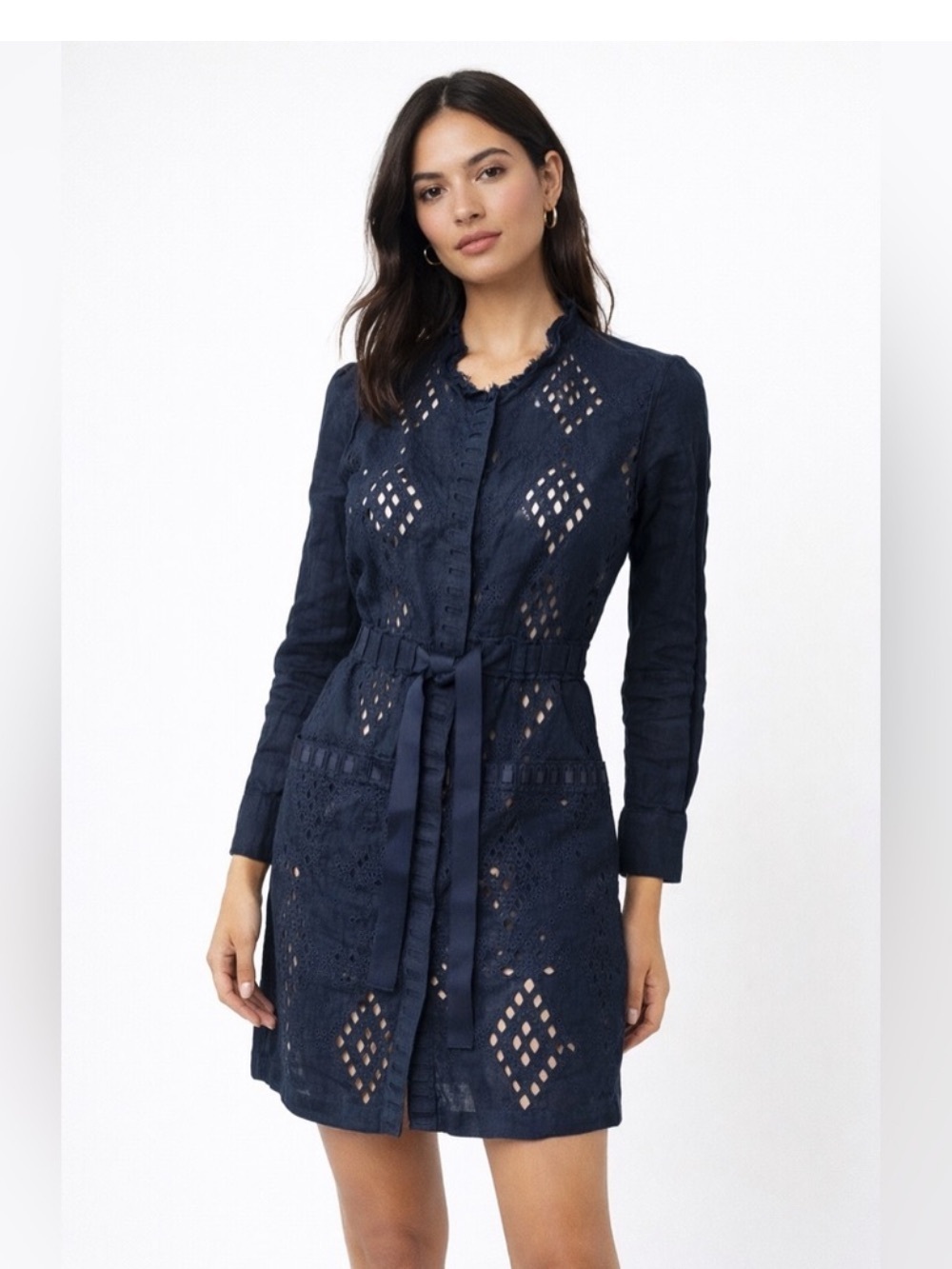 Elie Tahari Linen Navy Eyelet Tie-Waist Longsleeve Dress size 8